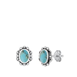 Sterling Silver Oxidized Simulated Turquoise Bali Stud High Polished Earrings 925