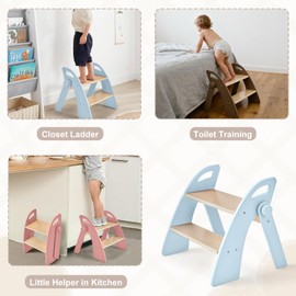 Wooden 2 Step Stool for Kids Bathroom Sink Foldable Anti-Slip 2-Step for Toilet Potty Training, Child Stepping Stool for Kitchen Nursery Bedroom, Sturdy Non Slip Adult Stool for Closet Blue