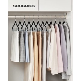 SONGMICS 30-Pack Pants Hangers, 16.7-Inch Long Velvet Trousers Hangers with Adjustable Clips, Heavy-Duty, Non-Slip, Space-Saving for Pants, Skirts, Coats, Dresses, Tank Tops, Black UCRF12B30