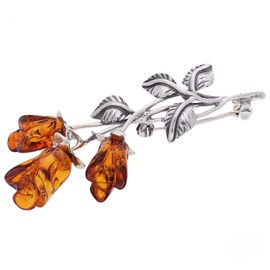 Triple Rose Oxidised Silver Brooch in Orange Amber in Vintage Style for Women - 925 Sterling Silver