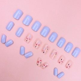 Short Nail Tips, Set of 24, False Nails, Blue, Popular, Japanese Style, Cute, Nail Tips, Simple, Stylish, Party, Autumn, Winter, Spring and Summer, Can be Used for Everyday Use, Bride Nails, Coming-of-Age Ceremonies, School Entrance Ceremonies, Graduatio