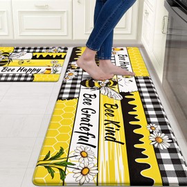 Likiyol Bee Kitchen Mats for Floor [2 PCS] Yellow Kitchen Rugs, Anti Fatigue Mats for Kitchen Floor White Daisy Kitchen Floor Mat Non Slip Buffalo Plaid Comfortable Cushioned, 18''x 30''+18''x 48''