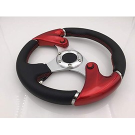 AJP Distributors Universal 6 Bolt Hole 320mm Black Pvc Leather Red Stitching Silver Center Red Steering Wheel Nos Nitrous Button + Blank Horn
