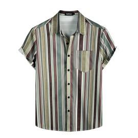 VATPAVE Mens Striped Summer Shirts Casual Button Down Short Sleeve Beach Stylish Untucked Hawaiian Shirts XX-Large BrownGreen Stripes