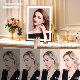 Gvnkvn Vanity Mirror with Lights, 11"× 14" LED Makeup Mirror, Lighted Makeup Mirror with Lights, Smart Touch Control Dimmable 3 Modes Light 360°Rotation Gold