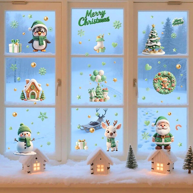 9 Pcs Christmas Window Stickers, Large Christmas Window Decorations,Reusable Stereo