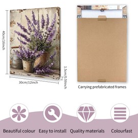 Qiukoo Wall Art Lavender Flower Canvas – Framed Pictures for Bedroom Wall Decor, Rustic Floral Wall Art with Pre-Mounted Frame & Hooks for Living Room, Hallway or Staircase, 12"x16"