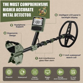 Gbnryg Metal Detector for Adults,Professional Higher Accuracy Metal Detector Kit with 12" IP68 Waterproof Search Coil with LCD Backlight,5 Modes,Gold Detector for Beach Hunting(Green)
