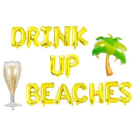 AonnDeel Drink Up Beaches Foil Balloons, Gold Letter Luau Palm Tree Banner Champagne Mylar Balloons for Summer Beaches Hawaii Luau Palm Tree Tropical Party Supplies Decorations