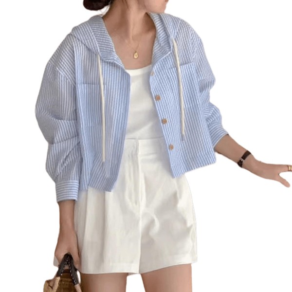 MERONOCALLY Women's UV Protection Hoodie, Cardigan, Short, Hooded, Striped, Thin,