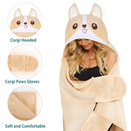 Shoppawhile Corgi Blanket with Sleeves and Hood for Dog Owners Cuddly Blanket Fluffy Cute Blanket Hoodie Portable, Funny Gifts for Women Children for Christmas 130 x 150 cm