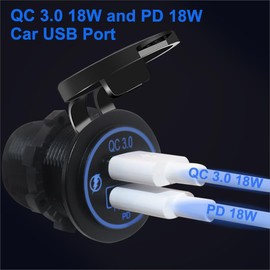 12V USB Quick Charge 3.0 Port & PD USB C Car Charger Socket, 12V USB Outlet with Wire for Car Marine Boat Motorcycle RV Truck