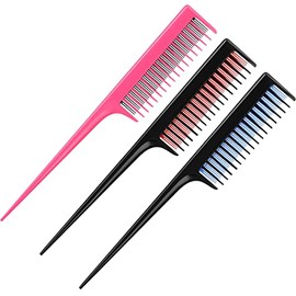 3 Piece Triple Teasing Comb Rat Tail Comb Tool and Structure Tease Layers Rattail Comb for Women Back Combing Root Teasing Adding Volume Evening Styling (Black and Red, Black and Blue, Pink and Black)
