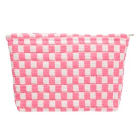 PAZIMIIK Knitted Checkered Makeup Bag Large Zipper Make Up Accessory Pouch for Purse Cosmetic Brush Bag for Travel Essential Pink White