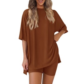 PRETTYGARDEN Women's Two Piece Lounge Set 2025 Summer Casual Oversized Shirts Biker Shorts Matching Airport Travel Outfit (Brown,Medium)