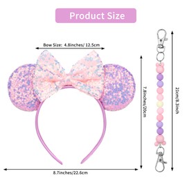 Rukinovi Sparkling Mouse Ears Headband Princess Hair Accessories with Resin Bead Lobster Clasp,Adjustable Elastic Band,Satin Bow, Perfect for Cosplay Birthday Festival Photo Props