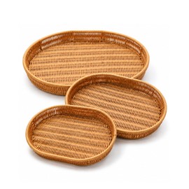 Woven Bread Basket, 3 Pack Wicker Fruit Baskets Rattan Bread Basket Poly Wicker Bread Baskets With Handles For Food Serving, Display, Vegetables, Home Kitchen, Restaurant, Outdoor (Oval set)