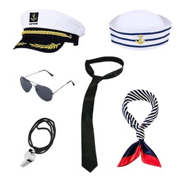 Generic Yacht Captain Costume Set, Sailor Ship Cap Captain Hat Scarf Necktie Whistle and Sunglasses for Men Women Yacht Rock Captains Dressing Up Party, One size fits all