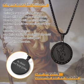 Saint Christopher Shield Necklace Black Stainless Steel Patron Round Medal Pendant Chain Religious Jewelry Women Men
