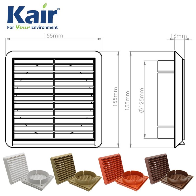 Kair White Louvred Grille 155mm External Dimension Wall Ducting Air