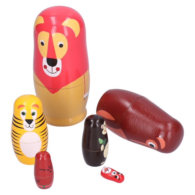 6Pcs Russian Nesting Dolls Kit Wooden Cartoon Animal Pattern Ornament