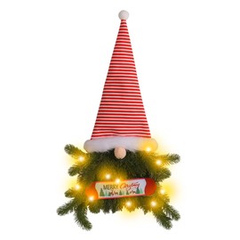 Upside Down Xmas Wreath Striped Tall Hat Faceless Doll Light Up Door Hanging Wreath for Home Decor