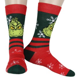 Dr. Seuss The Grinch Men's Grinch Face Snowflake with Stripe Adult Mid-Calf Crew Socks Fits Shoe Size 8-12
