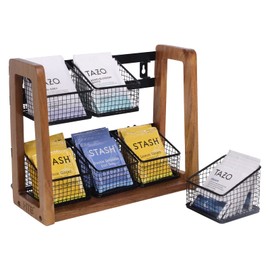 HTB 2 Tier Tea Organizer for Tea Bags, Tea Bag Holder with Acacia Wood Stand and 6 Removable Metal Basket for Sugar Packets, Sweeteners, Creamers for Cabinet, Countertop or Wall-mounted