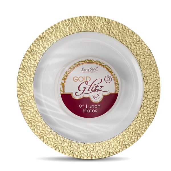 [16 Count - 9 Inch Plates] Laura Stein Designer Tableware Premium Heavyweight Plastic White Lunch Plates With Gold Border, Party & Wedding Plate, Glitz Series, Disposable Dishes