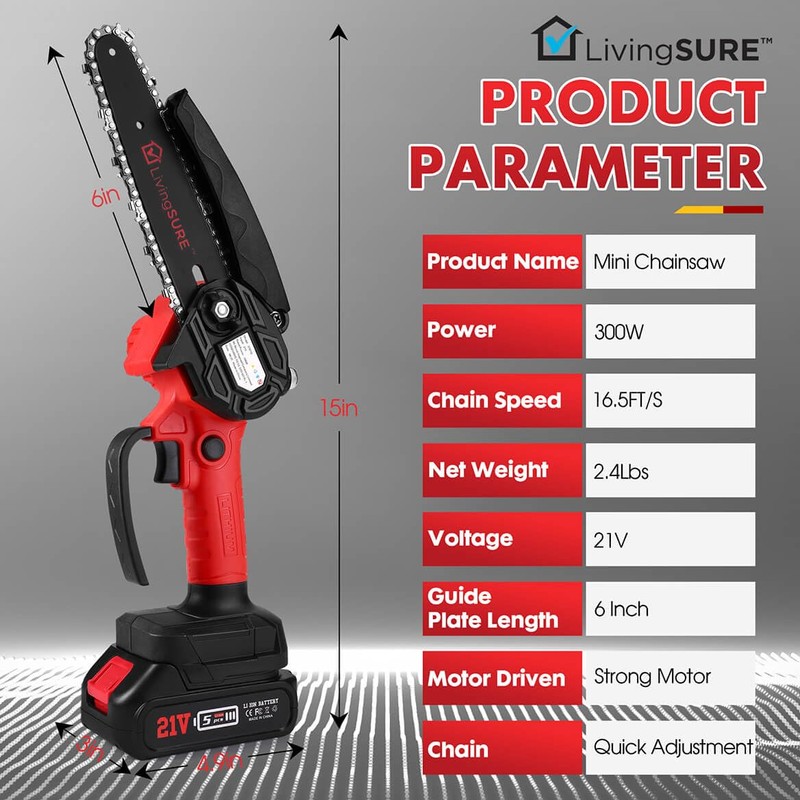 LivingSURE Mini Cordless Rechargeable Chainsaw Kit – 21V Handheld Electric