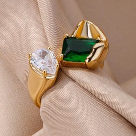 Cocktail Ring for Women, Trendy Unique Colorful Rhinestone Open Adjustable Rings Simple Statement Large Gemstone Gold Plated Rings for Teen Girls Party Jewelry Gifts (Gold)