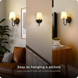 Globe Electric Rechargeable Battery Wall Sconce, LED Integrated, Matte Black, White Fabric Shade, 3 Brightness Levels, Timer with Indicator on Backplate, Touch Switch, USB-C Cable