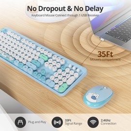 Mosptnspg 2.4G Colorful Keyboard, 104 Key Blue Wireless Customized Membrane Round keycaps Retro Typewriter Office Keyboard for PC/Mac/Laptop/Tablet/Computer Windows (Blue)