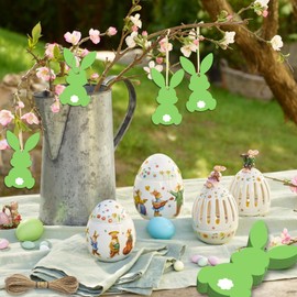 50Pcs Easter Bunny Tags Happy Easter Paper Hanging Tag with Strings Decorations Green Rabbit Shape Hanging Labels for Spring Home DIY Gift Holiday Party Favor Decor