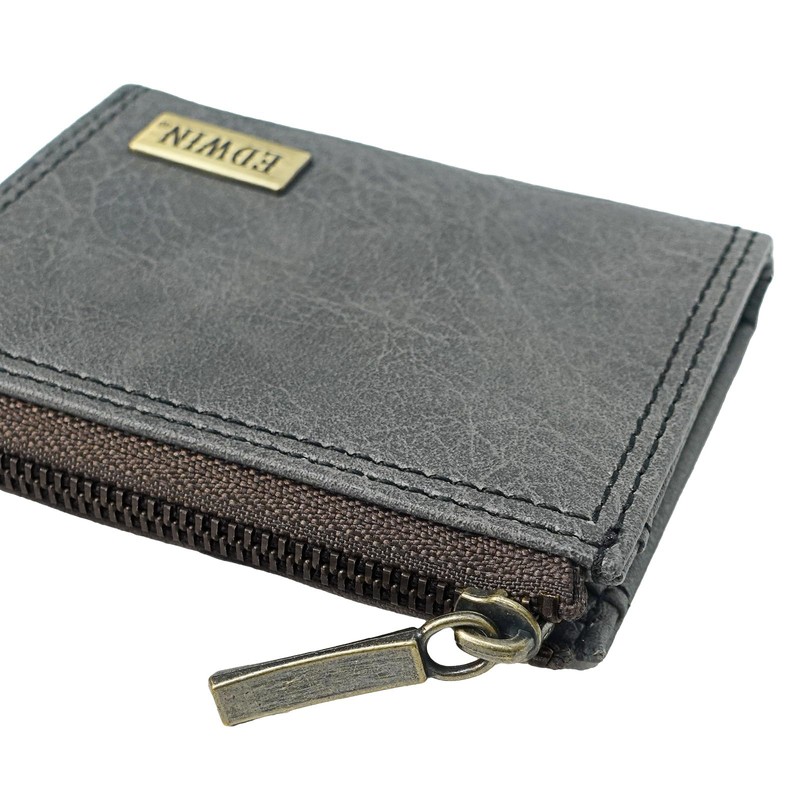 Edwin Men's Coin Purse, Metal Plate, Grain Leather, Card Storage,