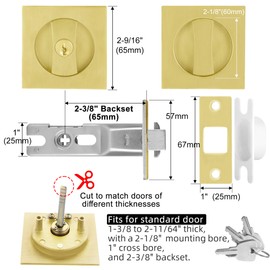 Malimali Pocket Door Lock with Key, Brushed Gold Pocket Door Hardware Square Door Lock for Privacy Sliding Door Bifold Door Locks and Pulls Handles