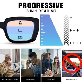 YUKANG Progressive Multifocus Reading Glasses for Women Men Anti Blue Light Blocking Square Computer Readers Spring Hinge Black 2.5