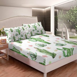 Feelyou Cactus Sheets Boho Succulent Bed Sheet Set Botanical Floral Print Bedding Set for Kids Boys Girls Green Plants Fitted Sheet Bedroom Collection 3Pcs Full Size