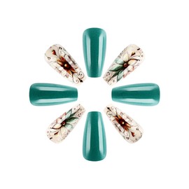 Spring Press on Nails Medium Coffin Fake Nails Grass Green False Nails with Brown Flower Leaf Designs Flower Glue on Nails Flower Stick on Nails Full Cover Cute Acrylic Nails Glossy Artificial Nails