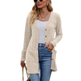 Famulily Autumn Winter Cardigans for Women with Pockets, Button Down Open Front Cardigans Sweaters for Ladies (XL, Beige)