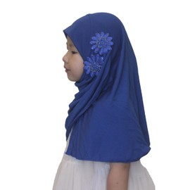 Modest Beauty Soft Instant Hijab for Kids Girls Muslim Headscarf Islamic Scarf Shawl Wrap with Flowers, Blue-2 Flowers, age 2-6