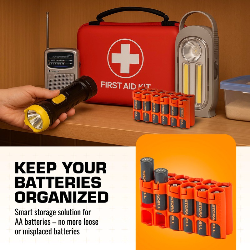 AA Battery Storage Caddy by Storacell, Orange, Holds 12 Batteries