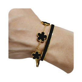 Gold Bracelets for Women 2Pcs Stackable Gold Bracelet 18K Gold Plated Enamel Bangle Floral Bracelet Set Trendy Gifts for Women (Black)