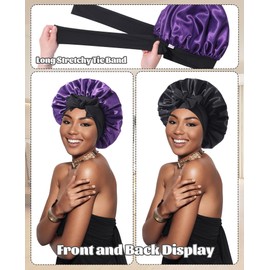Satin Bonnet Silk Bonnet for Sleeping Silk Sleep Cap Double Layer Hair Bonnet with Elastic Tie Band for Curly Hair Night Cap(Black+Dark Purple)