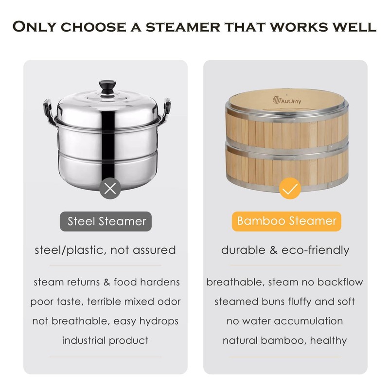 AutJrny 11.8-Inch Vertical Bamboo Steamer Basket, 2-Tier with Stainless Steel