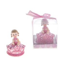 Lunaura Baby Keepsake - Set of 12"Girl" Baby Sitting on Top of Crown Bear Favors - Pink
