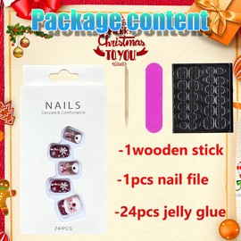 Christmas Short Square Press on Nail Acrylic Red Fake Nails Snowflake Elk Santa Claus False Nail Glossy Full Cover Nails Xmas Gift Nail Accessories for Women and Girls 24Pcs