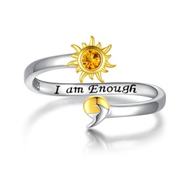 Mic Tai 925 Sterling Silver Semicolon Ring - Gold Sun Wave Rings Engraved Keep Going Jewelry Inspirational Gifts for Women, Silver, Golden, Cubic Zirconia