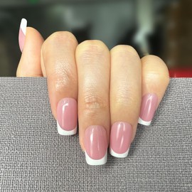 French Press On Nails Short, Fake Stick On Nails Manicure Gifts for Women, Glossy, Semi-Transparent, Reusable | 16 Sizes - 32 Nails with Wear Tool Kit