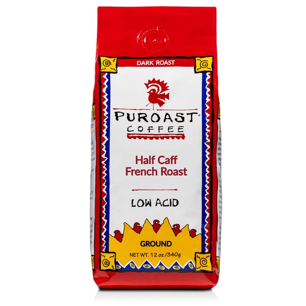 Puroast Low Acid Ground Coffee, Half Caff French Roast, High Antioxidant, 12 Ounce Bag